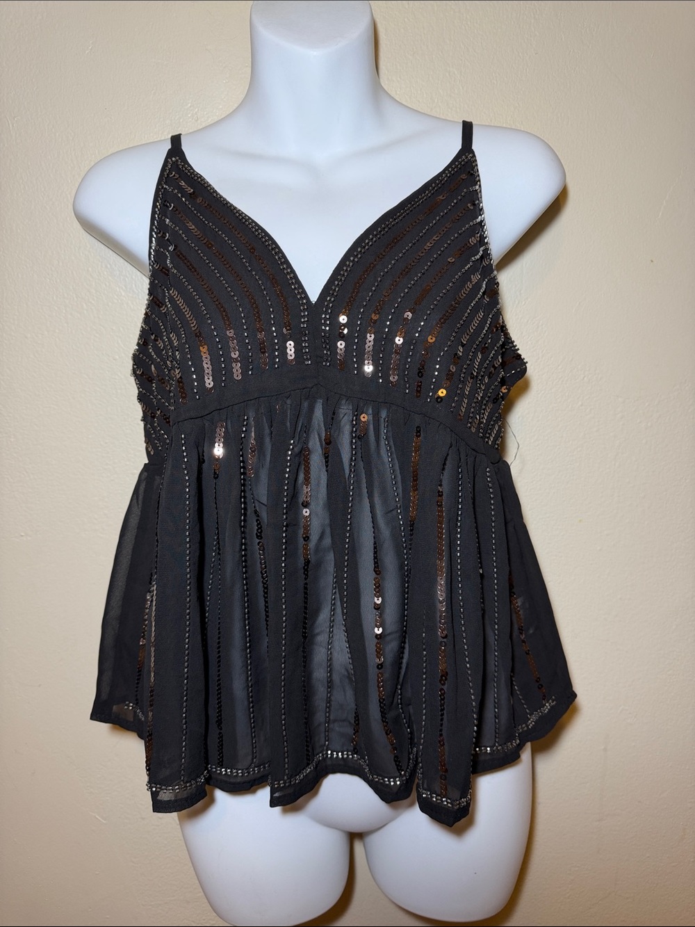 Black Sequin Spaghetti-Strap Peplum Cami Top